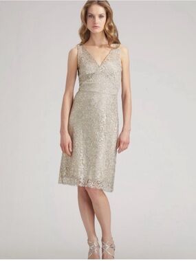 BCBG Silver Lace V-Neck Cocktail Dress